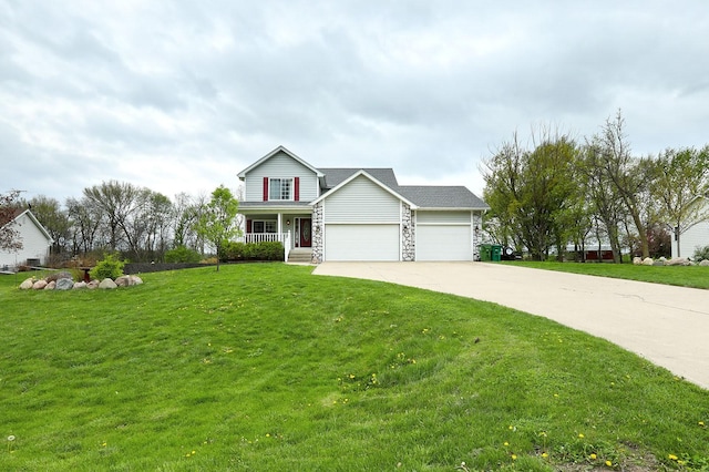 traditional-style house with a garage, covered porch, concrete driveway, and a front lawn