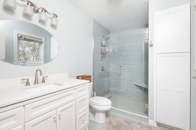 full bath featuring vanity, tile patterned flooring, toilet, and a shower stall