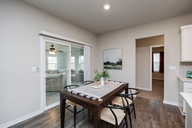 dining room featuring recessed lighting, baseboards, ceiling fan, and dark wood-style floors