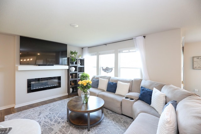 living area featuring baseboards, a glass covered fireplace, and wood finished floors