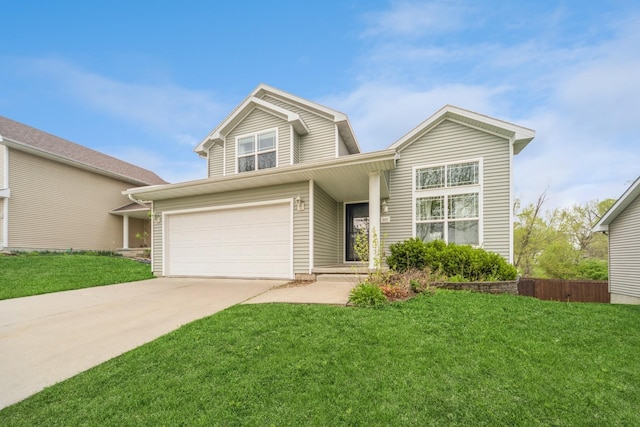 traditional-style house featuring a garage, fence, concrete driveway, and a front yard