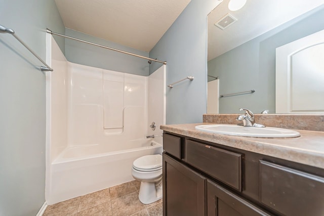 full bathroom featuring vanity, bathtub / shower combination, toilet, and visible vents
