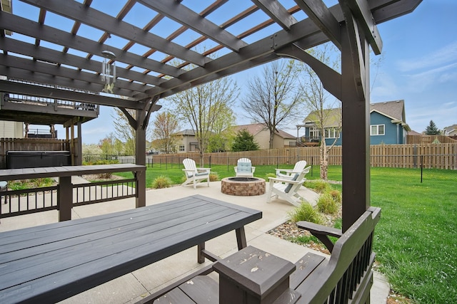 view of patio / terrace with a residential view, a hot tub, a fenced backyard, a pergola, and a fire pit