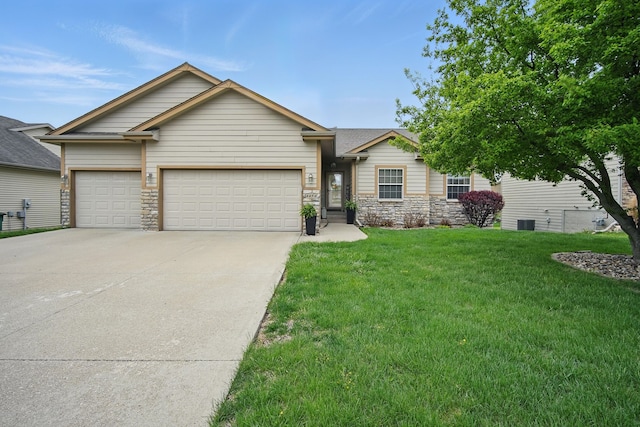 ranch-style home featuring an attached garage, stone siding, a front yard, central air condition unit, and driveway
