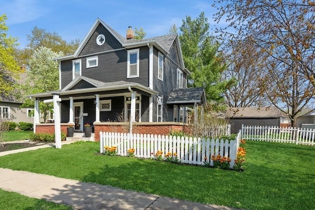 american foursquare style home featuring covered porch, a chimney, fence private yard, and a front yard
