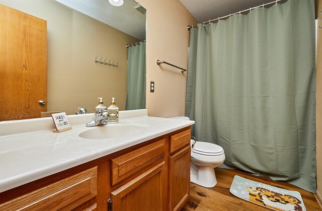 520 SE Murphy Dr, Waukee, IA 50263 - bathroom with vanity, a shower with curtain, toilet, and wood finished floors