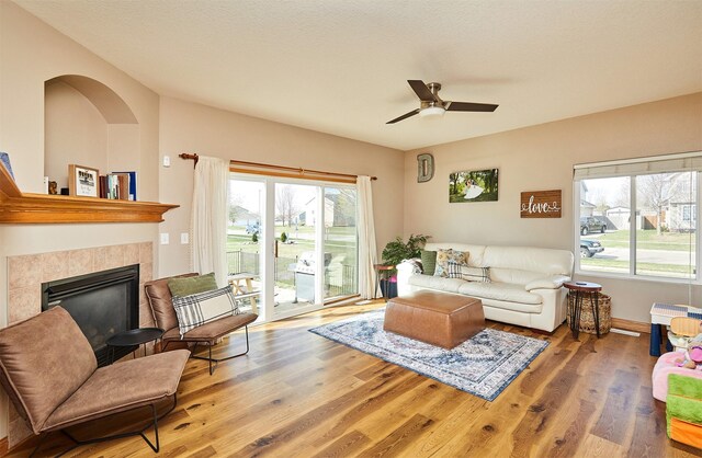 520 SE Murphy Dr, Waukee, IA 50263 - living area with ceiling fan, plenty of natural light, wood finished floors, and a fireplace