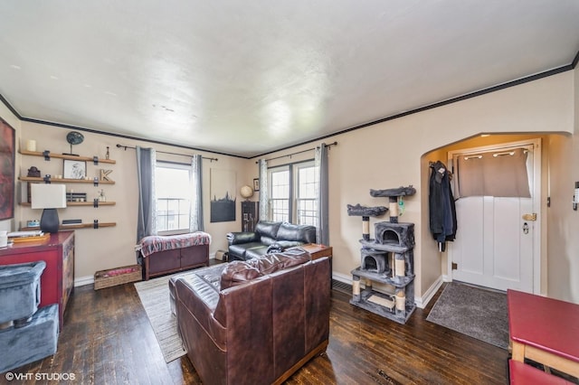 living room featuring baseboards, ornamental molding, a wood stove, and hardwood / wood-style floors
