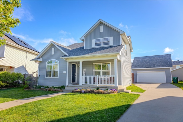 view of front of home with roof with shingles, a front lawn, a garage, a porch, and driveway