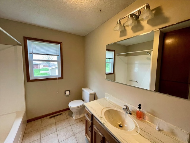 full bath featuring tile patterned flooring, vanity, toilet, baseboards, and visible vents