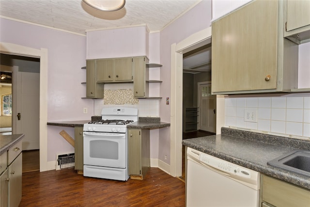 kitchen featuring dark wood finished floors, dark countertops, open shelves, and white appliances