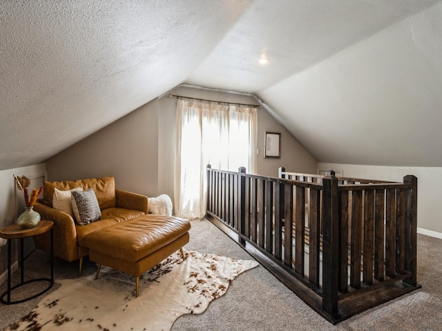 interior space with baseboards, carpet, a textured ceiling, and lofted ceiling