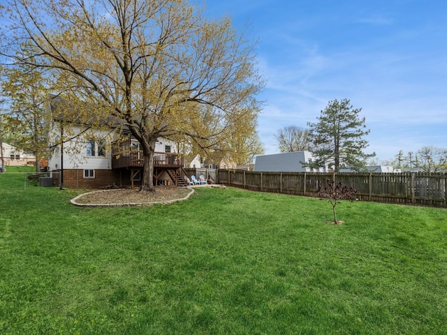 view of yard featuring a wooden deck, stairs, and a fenced backyard