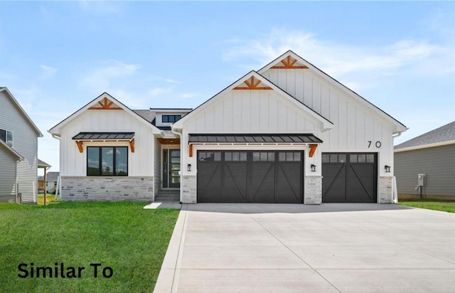 355 NW Red Oak Dr, Waukee, IA 50263 - modern inspired farmhouse featuring a front yard, a standing seam roof, board and batten siding, concrete driveway, and an attached garage