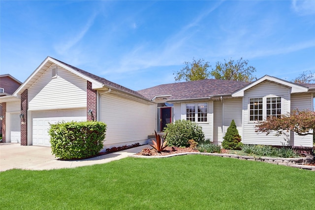 ranch-style house with a shingled roof, an attached garage, concrete driveway, and a front lawn