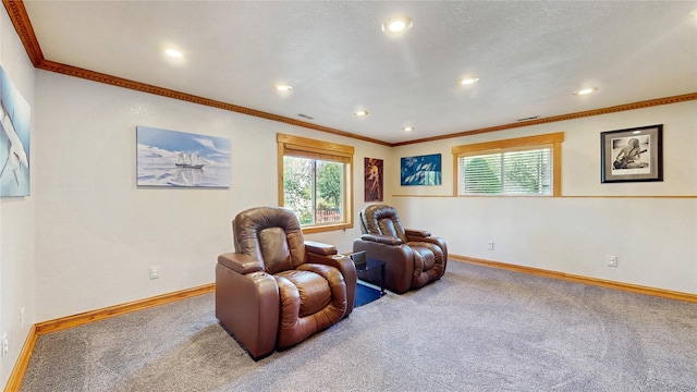 sitting room with baseboards, carpet flooring, and ornamental molding