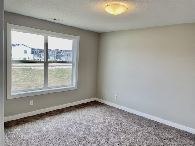 spare room with carpet flooring, a textured ceiling, and baseboards