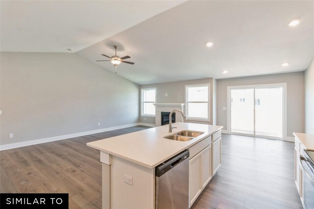 2912 6th Ave SW, Altoona, IA 50009 - kitchen with a glass covered fireplace, open floor plan, a center island with sink, a sink, and stainless steel appliances