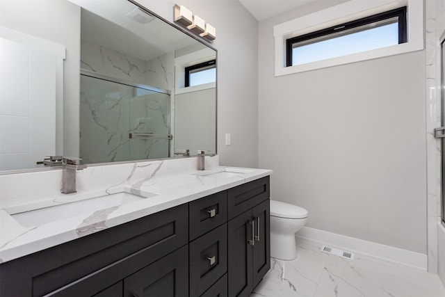 full bathroom with visible vents, a marble finish shower, and a sink