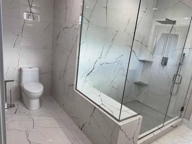full bathroom with toilet, tile walls, a marble finish shower, and marble finish floor