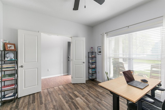 188 Bridgewood Dr, West Des Moines, IA 50266 - office featuring a ceiling fan, baseboards, and dark wood-type flooring