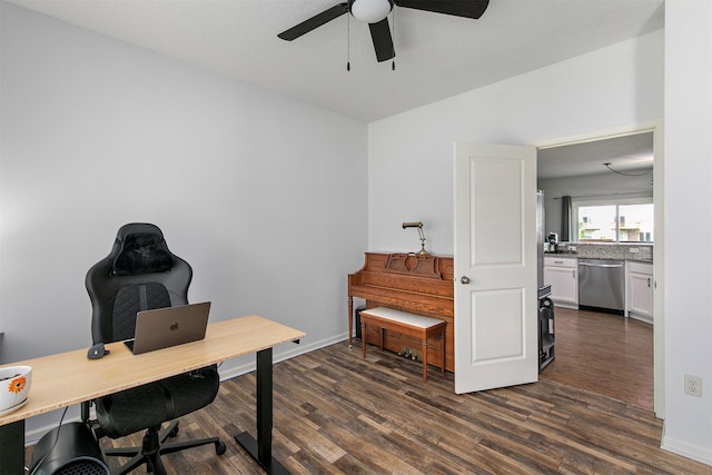 188 Bridgewood Dr, West Des Moines, IA 50266 - home office with baseboards, ceiling fan, and dark wood-style flooring