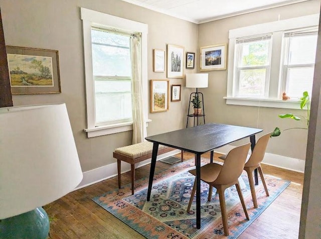 office featuring baseboards, wood finished floors, and a healthy amount of sunlight