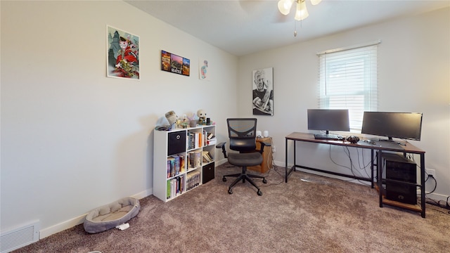 608 12th St, West Des Moines, IA 50265 - office area featuring baseboards, a ceiling fan, carpet flooring, and visible vents