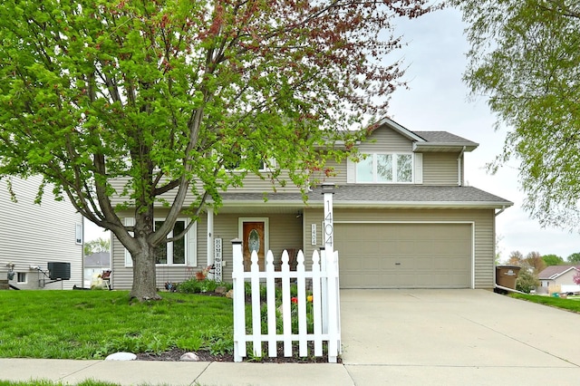 view of front facade featuring roof with shingles, a garage, cooling unit, a front lawn, and concrete driveway