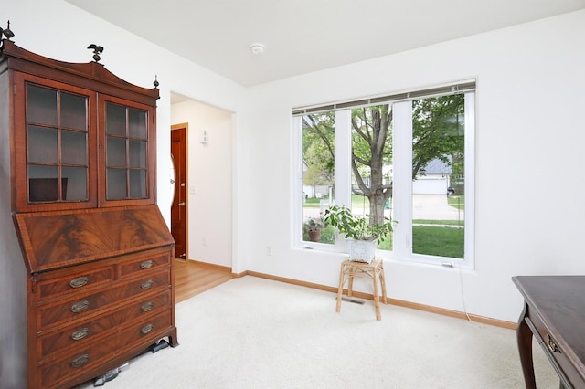 sitting room featuring baseboards and light carpet