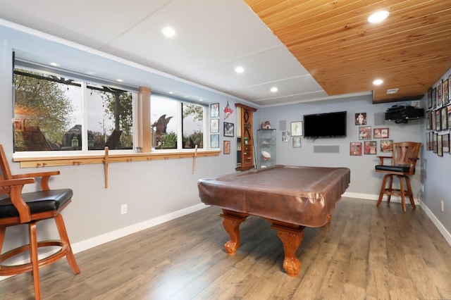 rec room featuring wood finished floors, baseboards, recessed lighting, wood ceiling, and pool table