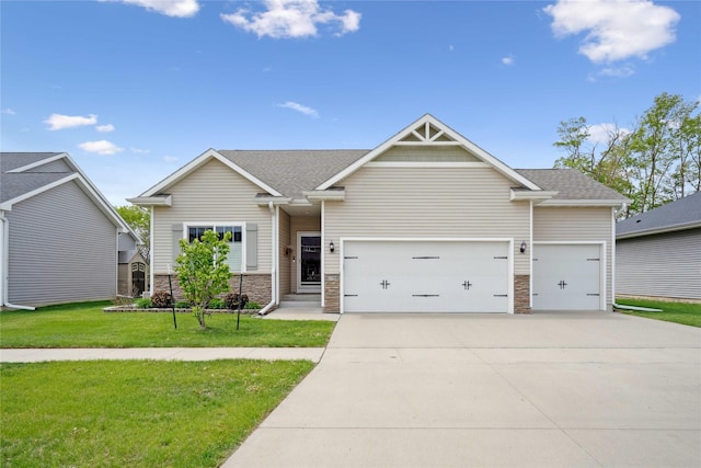 craftsman-style house with an attached garage, driveway, a front lawn, and stone siding