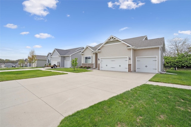 craftsman-style home with concrete driveway, an attached garage, and a front lawn