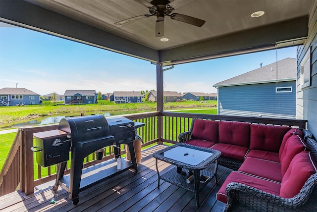 218 34th St SE, Altoona, IA 50009 - wooden deck with a residential view, an outdoor hangout area, a ceiling fan, a water view, and a yard