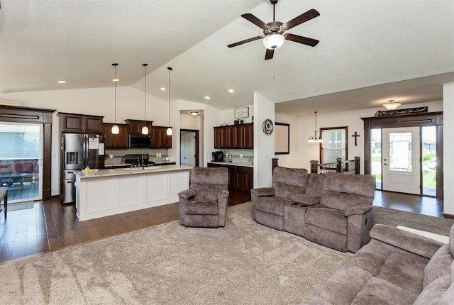 218 34th St SE, Altoona, IA 50009 - living area featuring vaulted ceiling, dark wood finished floors, ceiling fan, and recessed lighting