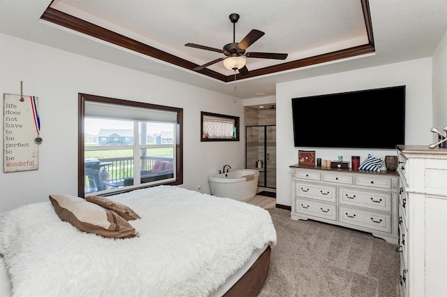 218 34th St SE, Altoona, IA 50009 - bedroom with a raised ceiling, light carpet, ensuite bathroom, and a ceiling fan