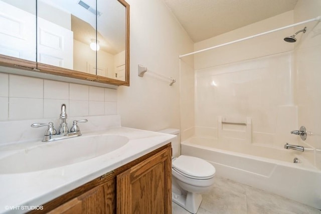 full bath featuring tile patterned flooring, toilet, backsplash,  shower combination, and visible vents