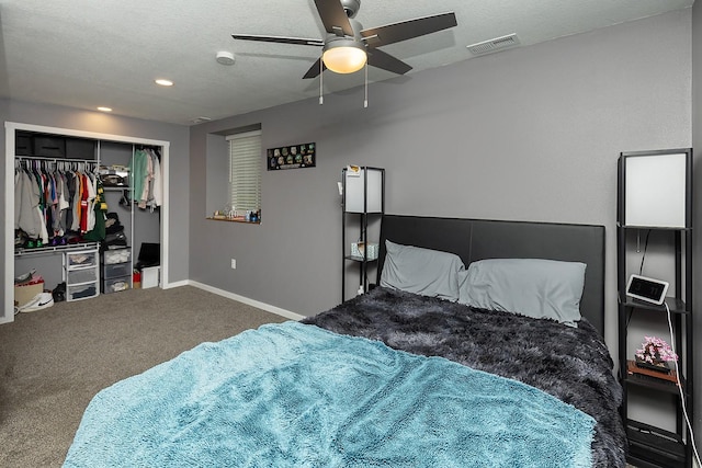 carpeted bedroom featuring visible vents, a closet, baseboards, ceiling fan, and recessed lighting