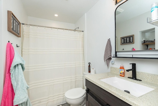 full bathroom with vanity, recessed lighting, a shower with shower curtain, and toilet