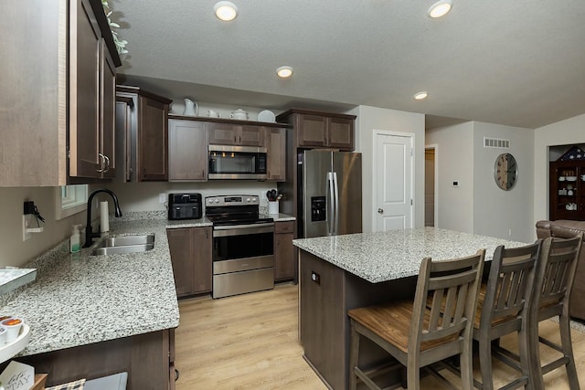 kitchen with visible vents, dark brown cabinetry, a breakfast bar, a sink, and stainless steel appliances