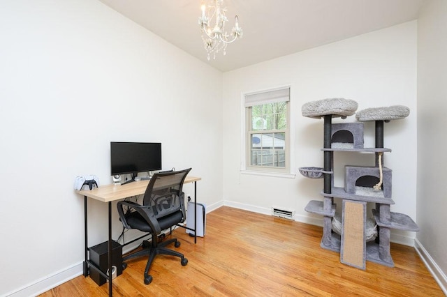office area featuring baseboards, visible vents, wood finished floors, and a chandelier