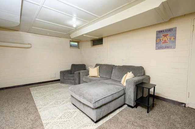 living room featuring carpet flooring and baseboards
