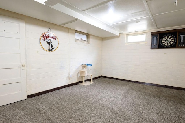 basement featuring baseboards and carpet