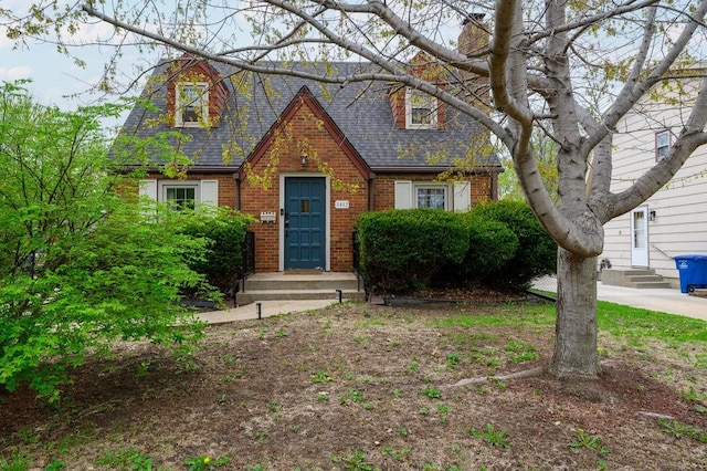 view of front of home featuring entry steps, a shingled roof, and brick siding