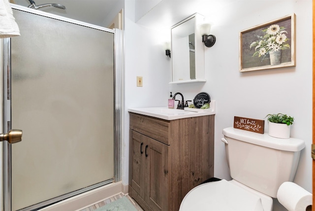 bathroom with vanity, toilet, and a shower stall