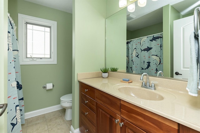 bathroom with toilet, baseboards, visible vents, and vanity