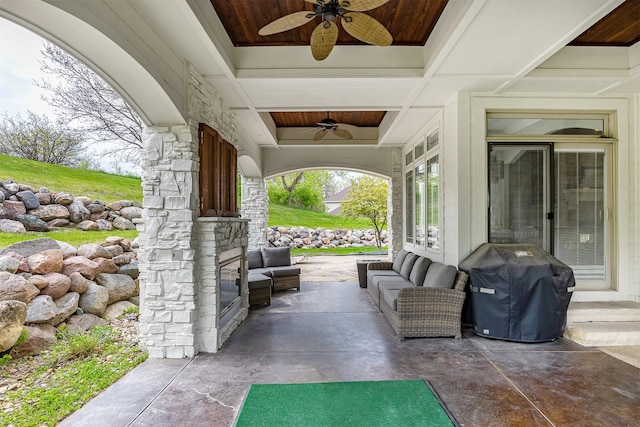 view of patio with a ceiling fan and area for grilling