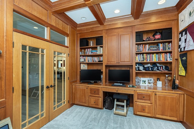 office space featuring ornamental molding, light carpet, and french doors