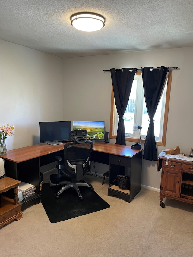 office area with a textured ceiling and light colored carpet