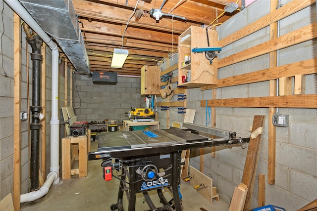 unfinished basement featuring concrete block wall